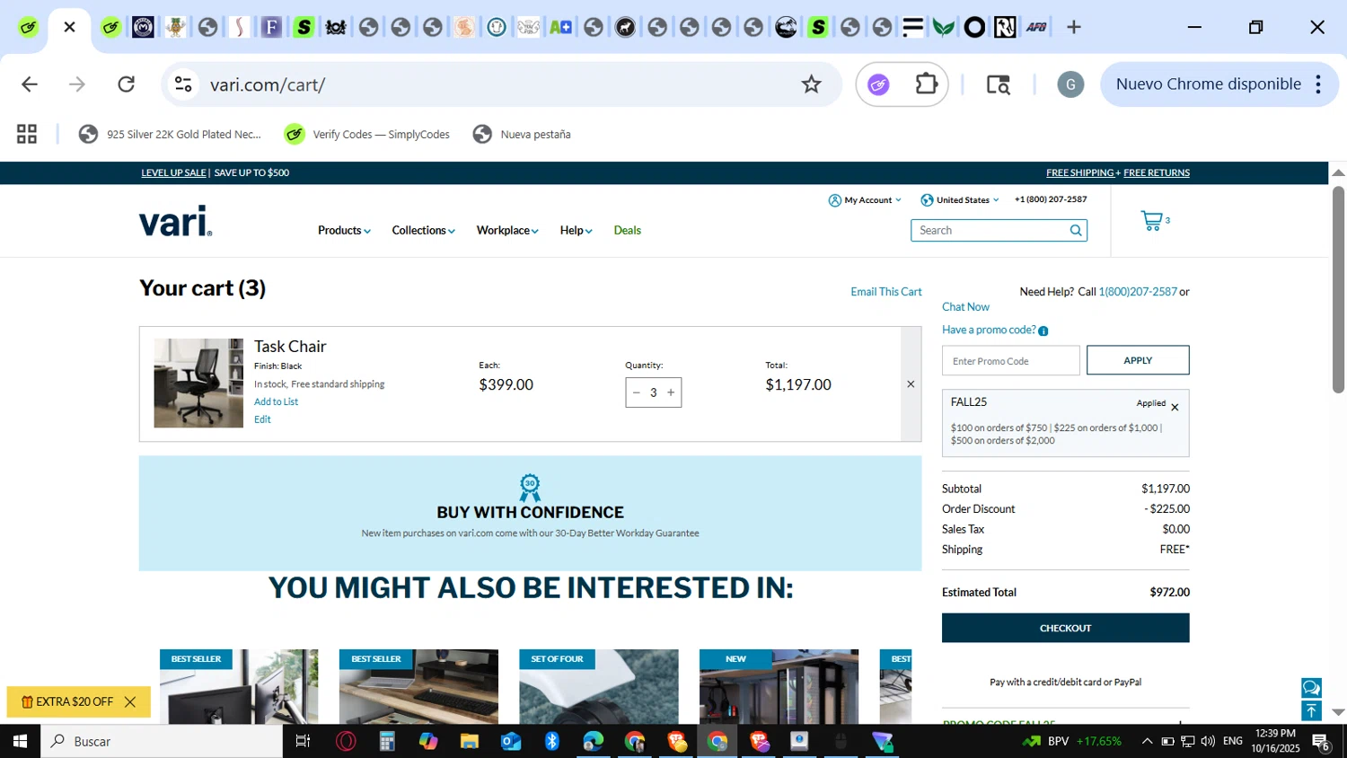 Vari promo code screenshot showing code FALL25 applied at Vari checkout page. Uploaded by SimplyCodes community member KataldoMustafack on Oct 16, 2025