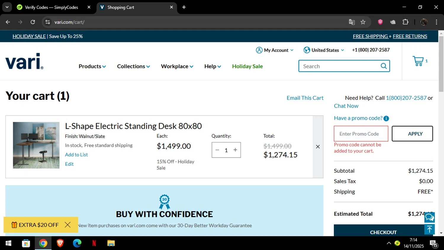 Vari promo code screenshot showing code FALL25 applied at Vari checkout page. Uploaded by SimplyCodes community member Luckystrike on Nov 14, 2025