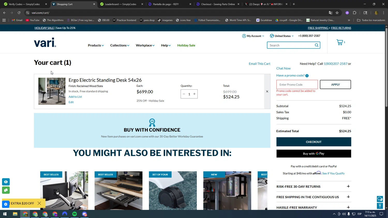Vari promo code screenshot showing code FALL25 applied at Vari checkout page. Uploaded by SimplyCodes community member kakakakakka on Nov 14, 2025