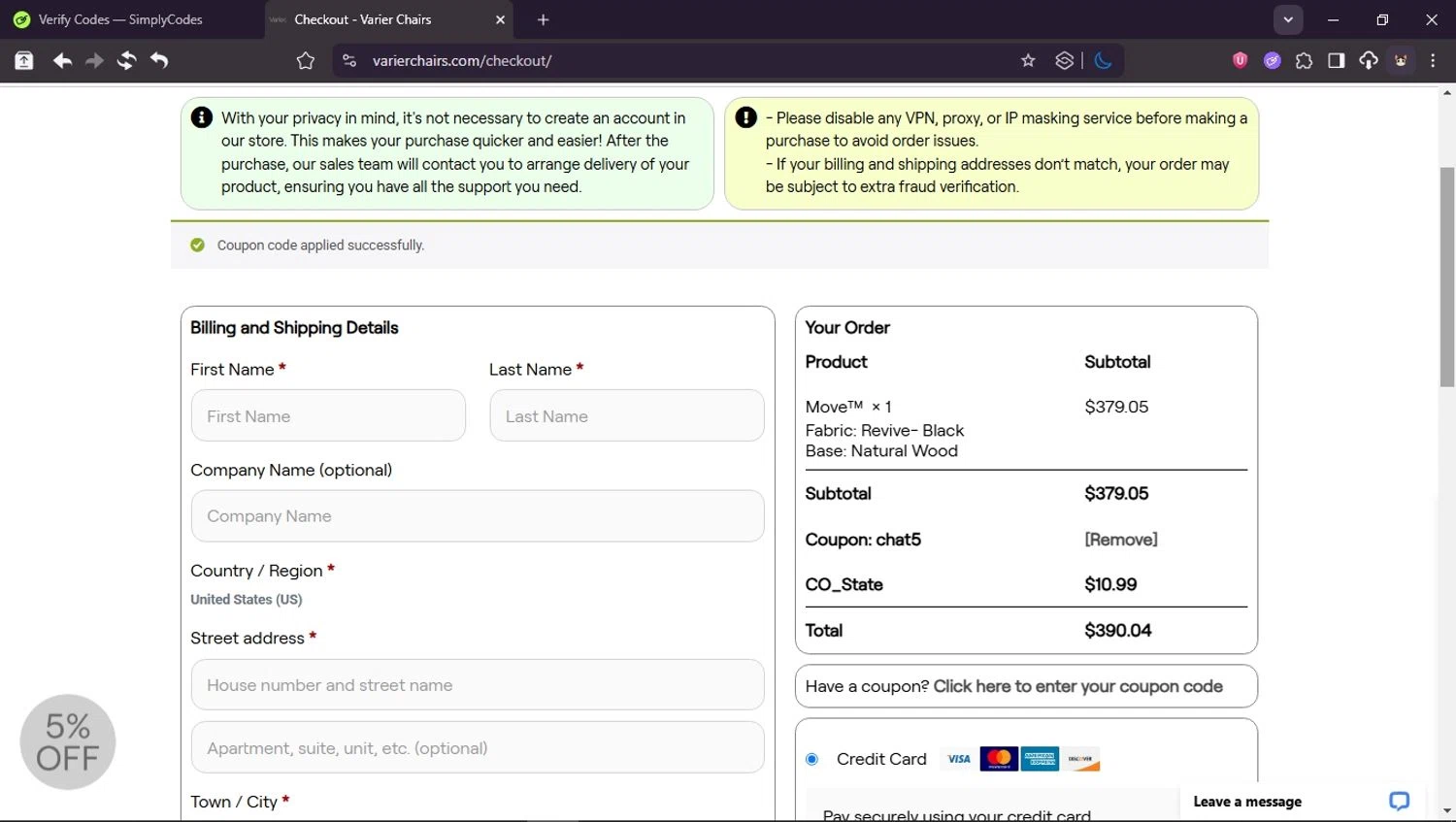 Varier Chairs promo code screenshot showing code CHAT5 applied at Varier Chairs checkout page. Uploaded by SimplyCodes community member Userr2 on Jun 14, 2025