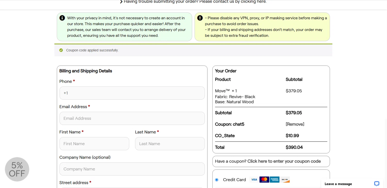 Varier Chairs promo code screenshot showing code CHAT5 applied at Varier Chairs checkout page. Uploaded by SimplyCodes community member dimitriv on Jun 28, 2025