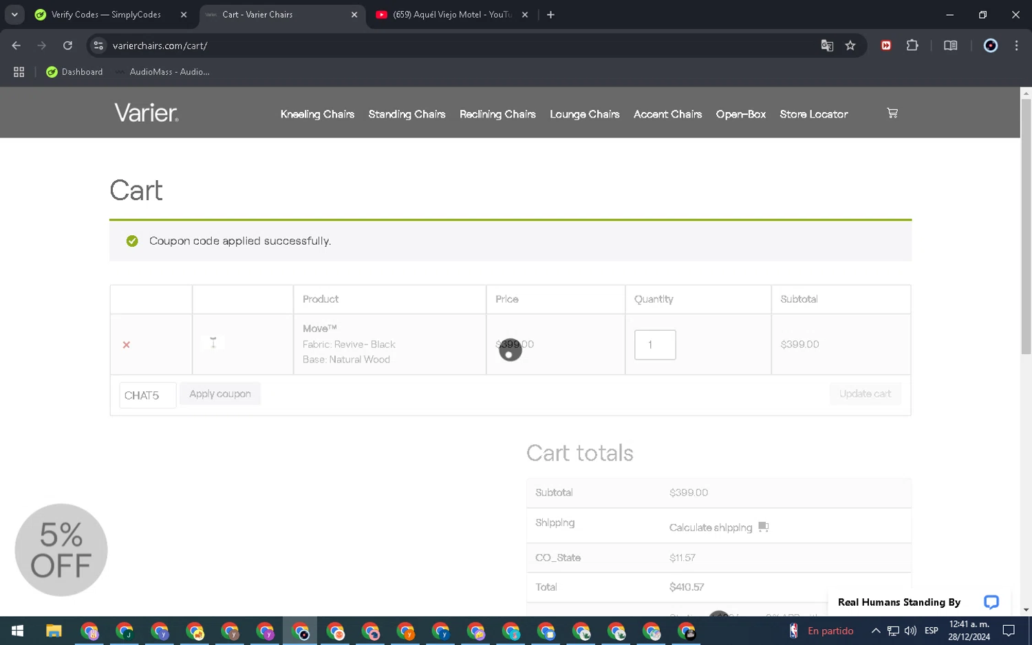 Varier Chairs promo code screenshot showing code CHAT5 applied at Varier Chairs checkout page. Uploaded by SimplyCodes community member EpicDefender8387 on Dec 28, 2024