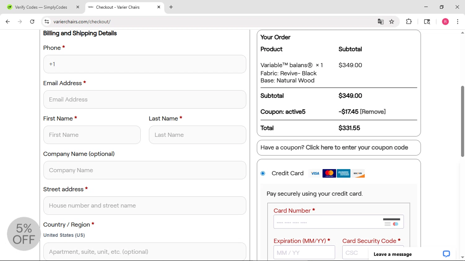 Varier Chairs promo code screenshot showing code ACTIVE5 applied at Varier Chairs checkout page. Uploaded by SimplyCodes community member TTTT55 on Jun 28, 2025