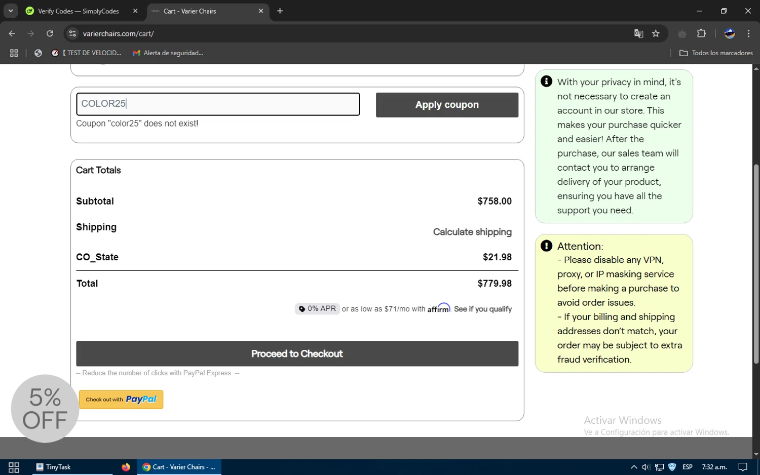 Varier Chairs promo code screenshot showing code COLOR25 applied at Varier Chairs checkout page. Uploaded by SimplyCodes community member SavvySage3352 on Mar 8, 2025