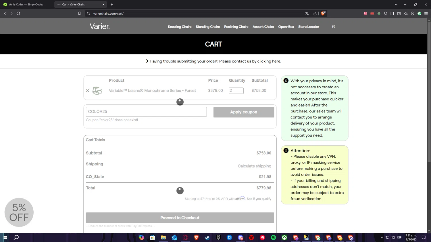 Varier Chairs promo code screenshot showing code COLOR25 applied at Varier Chairs checkout page. Uploaded by SimplyCodes community member Nulo0000 on Mar 8, 2025