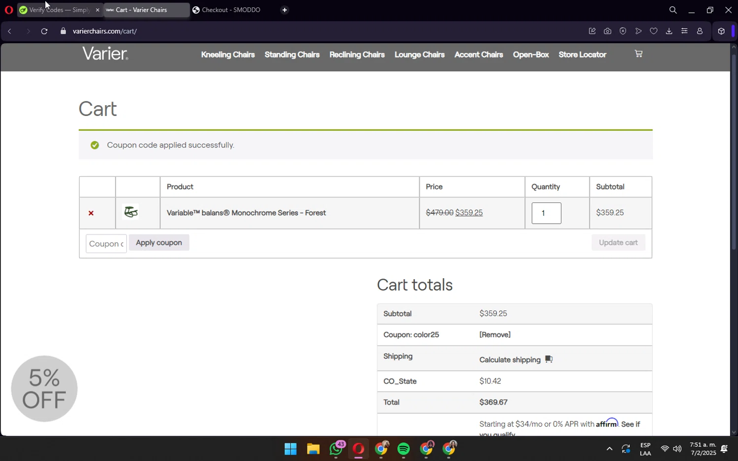 Varier Chairs checkout page showing Varier Chairs promo code box | Screenshot taken by SimplyCodes community member on Feb 7, 2025