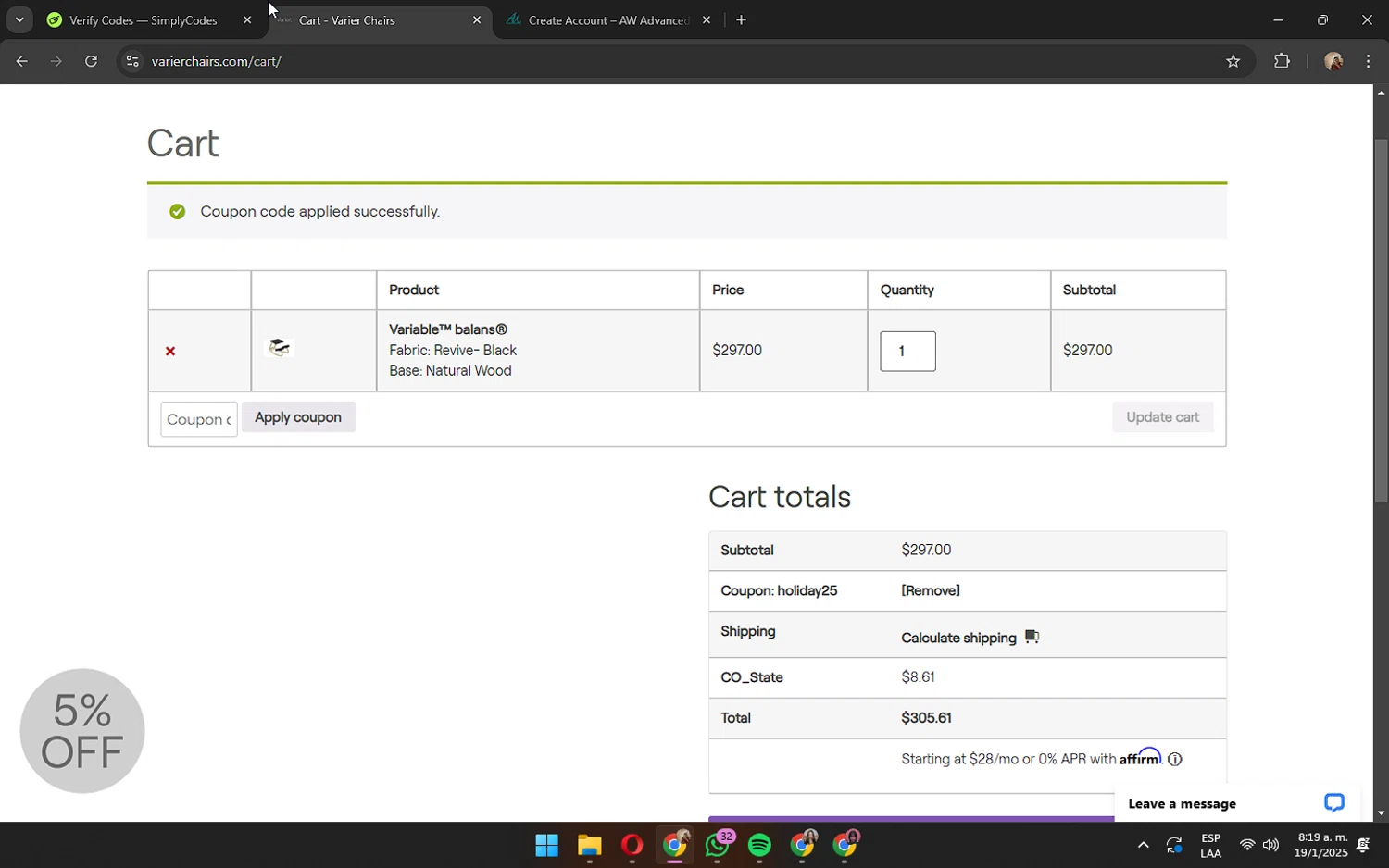 Varier Chairs checkout page showing Varier Chairs promo code box | Screenshot taken by SimplyCodes community member on Jan 19, 2025