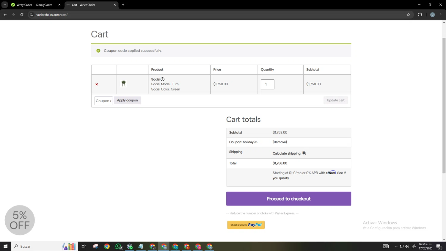 Varier Chairs checkout page showing Varier Chairs promo code box | Screenshot taken by SimplyCodes community member on Feb 17, 2025