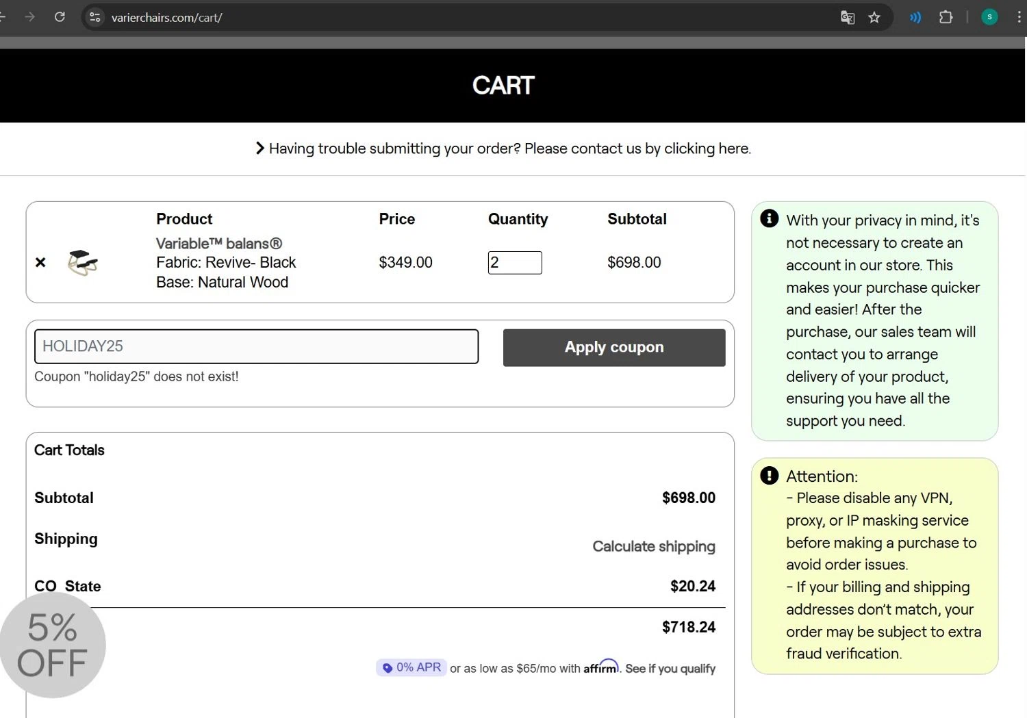 Varier Chairs promo code screenshot showing code HOLIDAY25 applied at Varier Chairs checkout page. Uploaded by SimplyCodes community member lizimerz on Mar 18, 2025