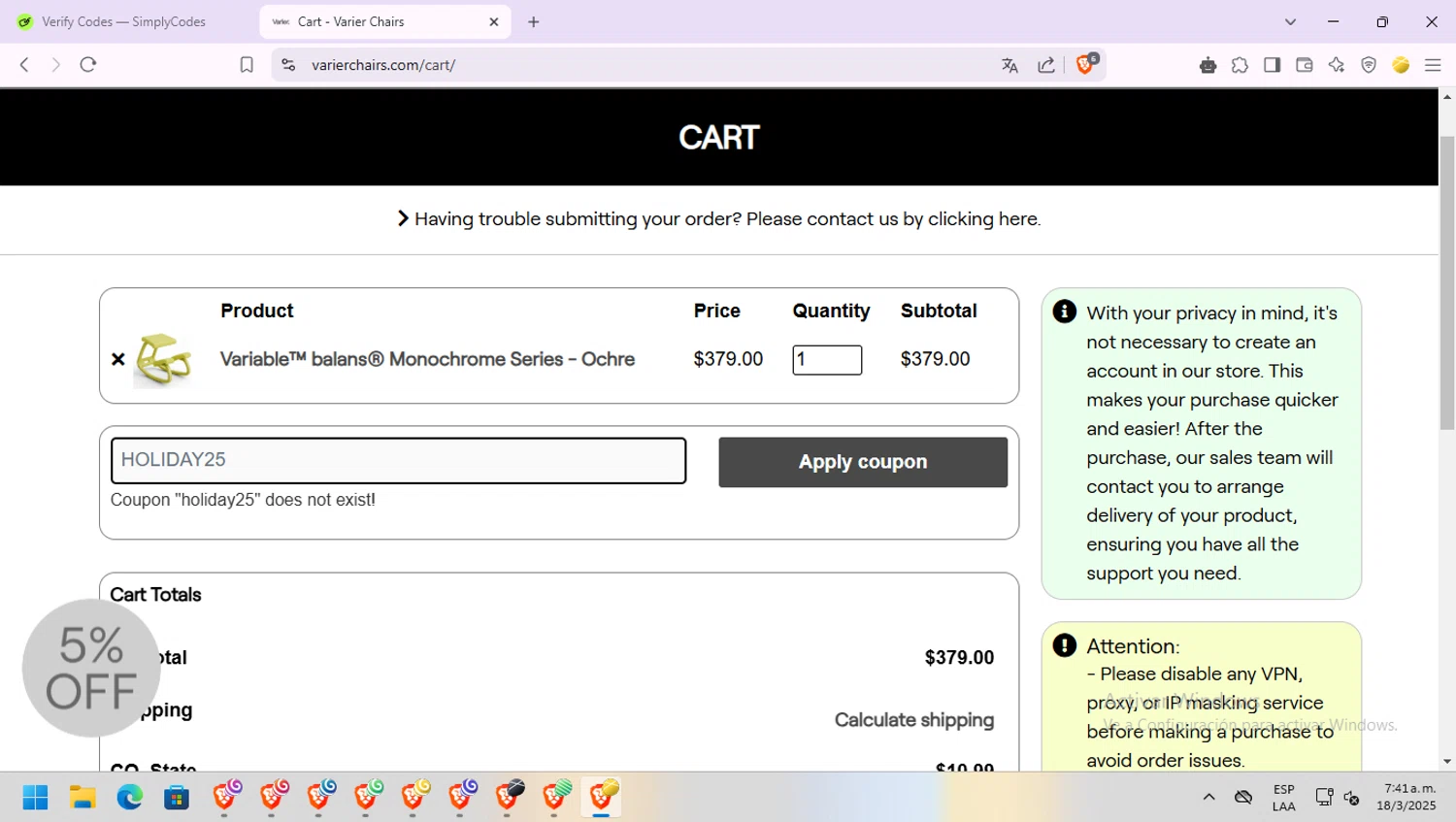 Varier Chairs promo code screenshot showing code HOLIDAY25 applied at Varier Chairs checkout page. Uploaded by SimplyCodes community member monito on Mar 18, 2025
