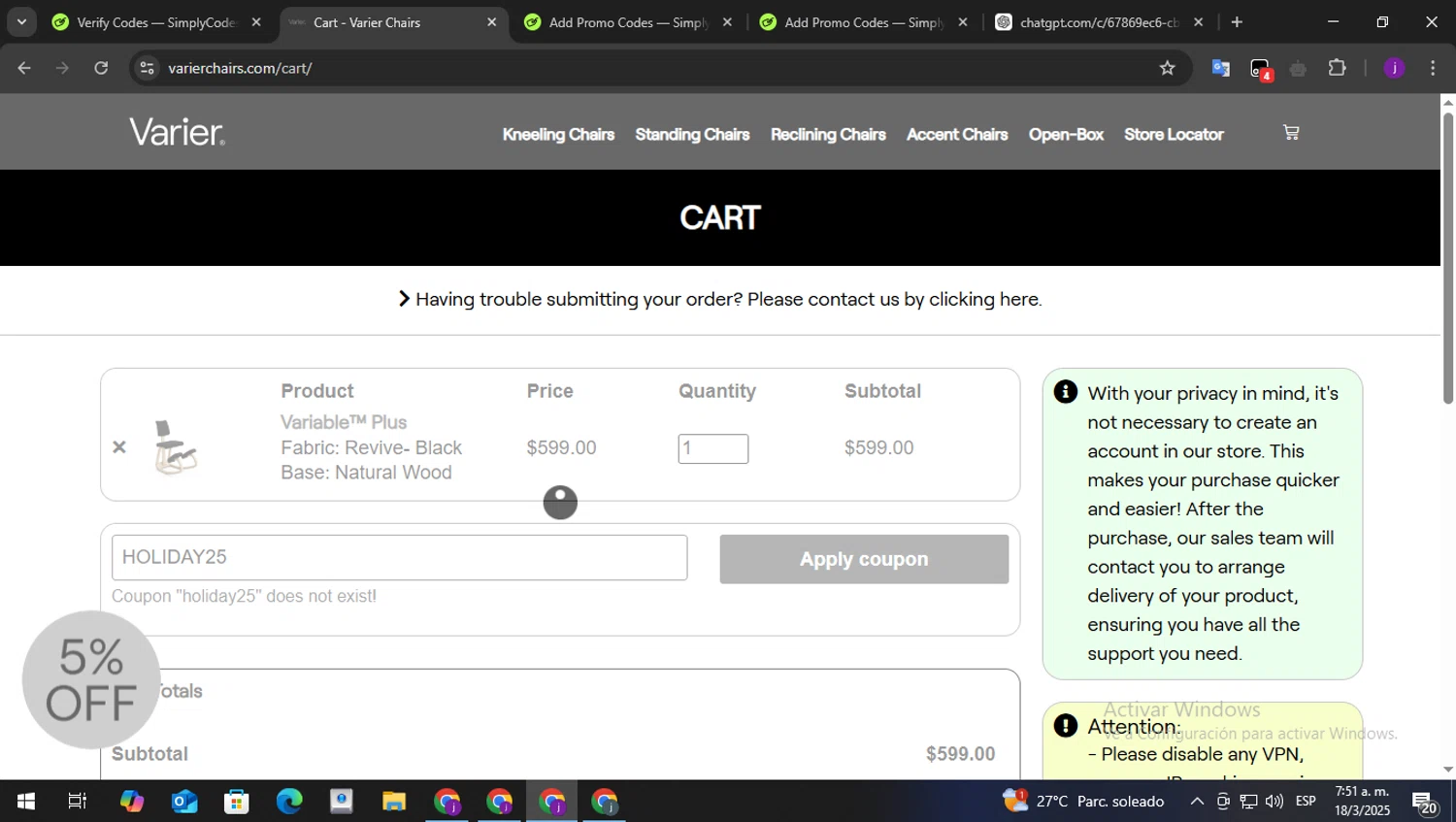 Varier Chairs promo code screenshot showing code HOLIDAY25 applied at Varier Chairs checkout page. Uploaded by SimplyCodes community member perry1 on Mar 18, 2025