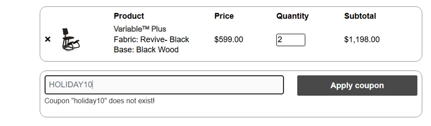 Varier Chairs promo code screenshot showing code HOLIDAY10 applied at Varier Chairs checkout page. Uploaded by SimplyCodes community member Gabrielo200 on Mar 10, 2025