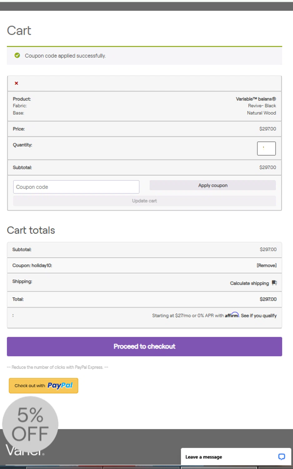 Varier Chairs checkout page showing Varier Chairs promo code box | Screenshot taken by SimplyCodes community member on Jan 11, 2025