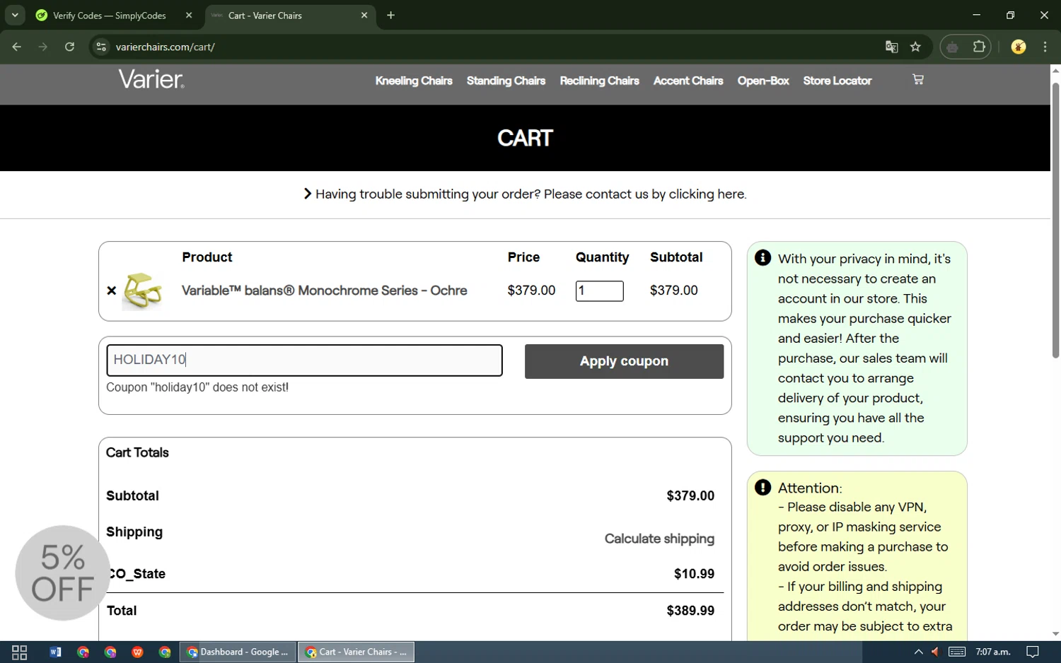 Varier Chairs promo code screenshot showing code HOLIDAY10 applied at Varier Chairs checkout page. Uploaded by SimplyCodes community member kuromii on Mar 10, 2025