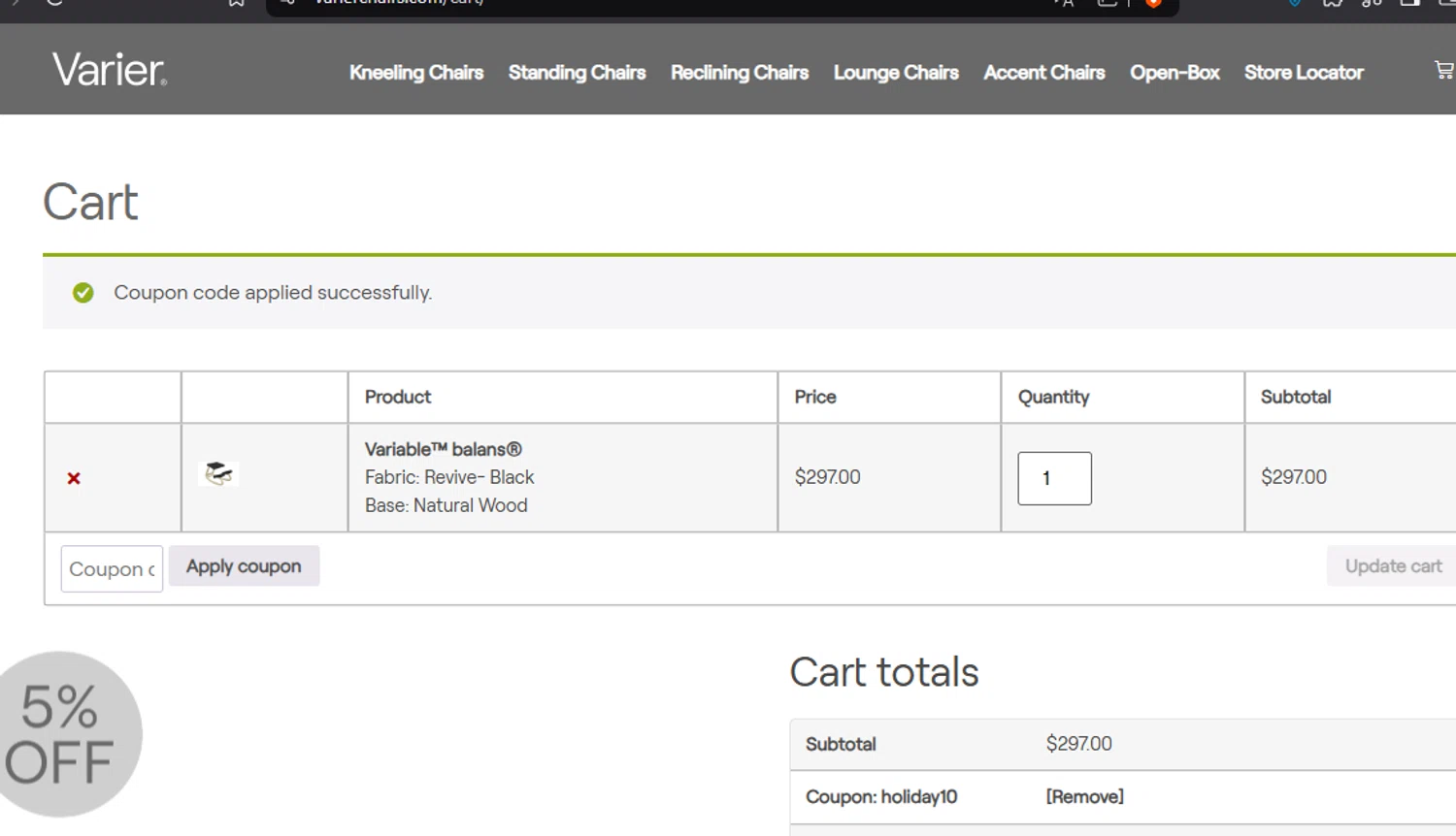 Varier Chairs checkout page showing Varier Chairs promo code box | Screenshot taken by SimplyCodes community member on Feb 9, 2025