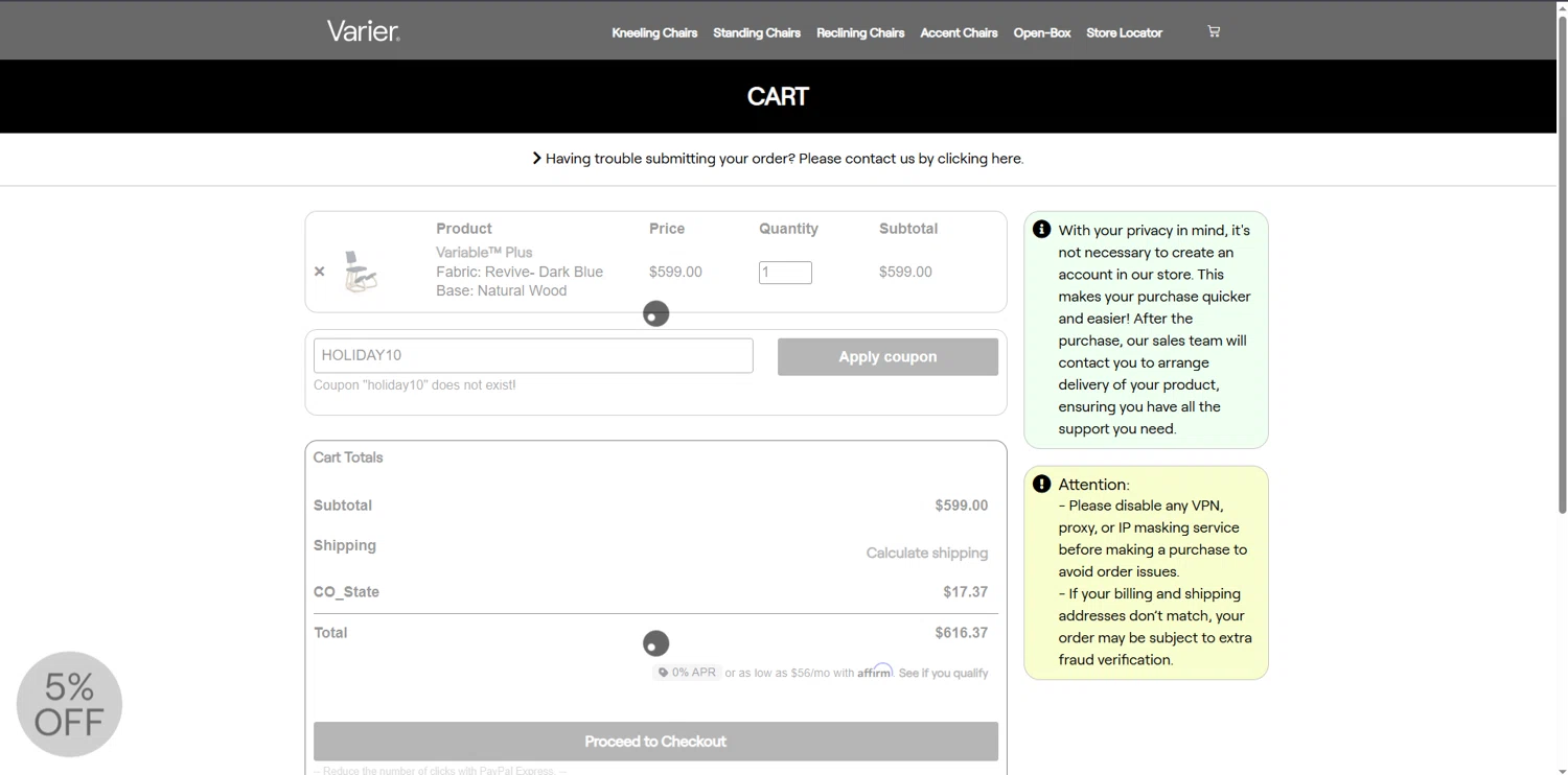 Varier Chairs promo code screenshot showing code HOLIDAY10 applied at Varier Chairs checkout page. Uploaded by SimplyCodes community member STEVE20 on Mar 10, 2025