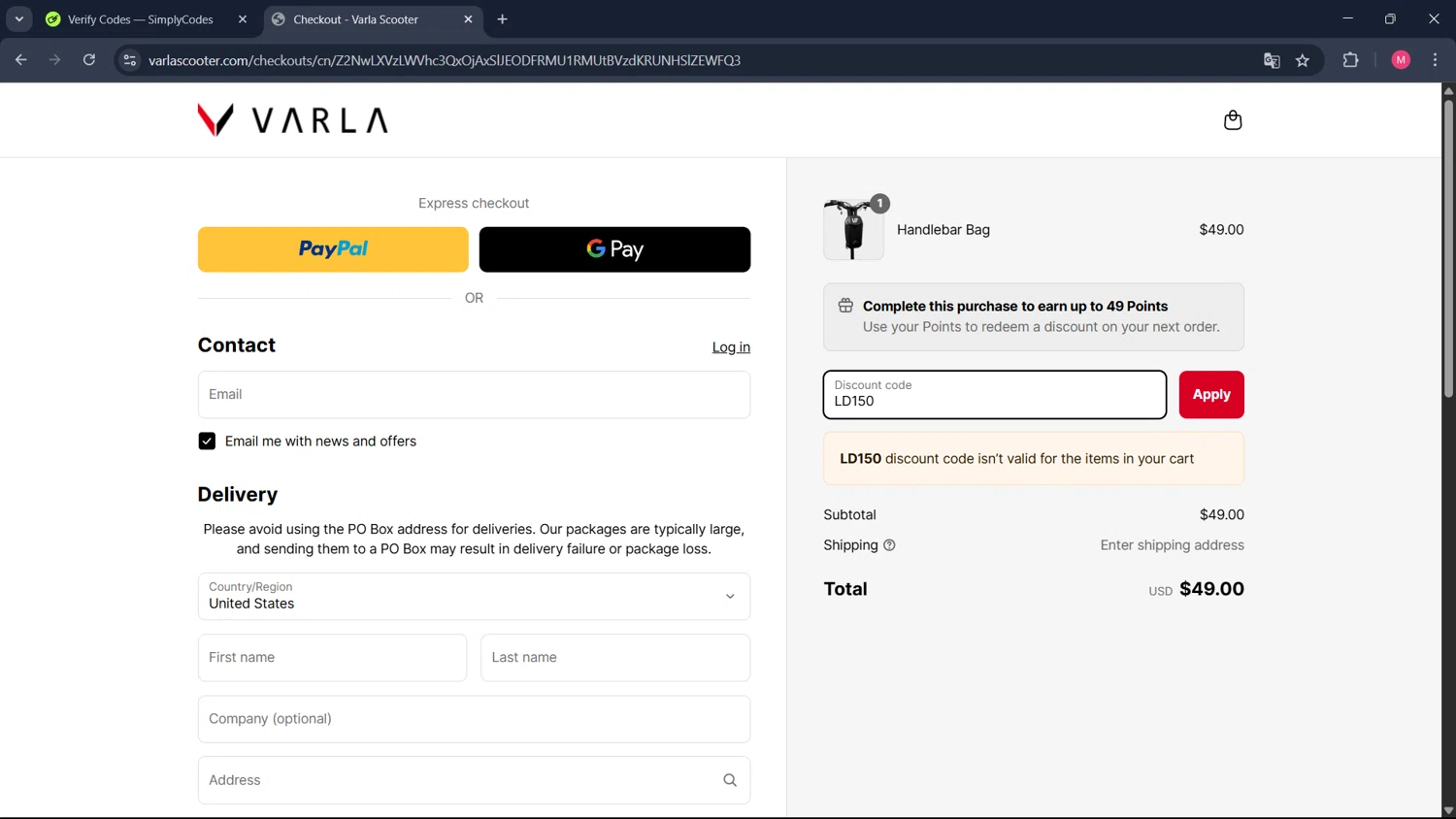 Varla Scooter discount code screenshot showing code LD150 applied at Varla Scooter checkout page. Uploaded by SimplyCodes community member ValueCollector4159 on Apr 9, 2025