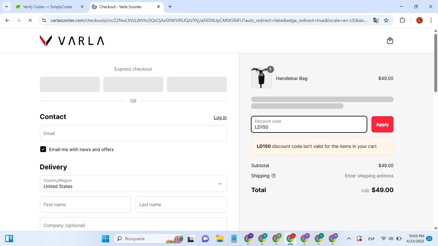 Varla Scooter discount code screenshot showing code LD150 applied at Varla Scooter checkout page. Uploaded by SimplyCodes community member ValueShopper7354 on Apr 24, 2025