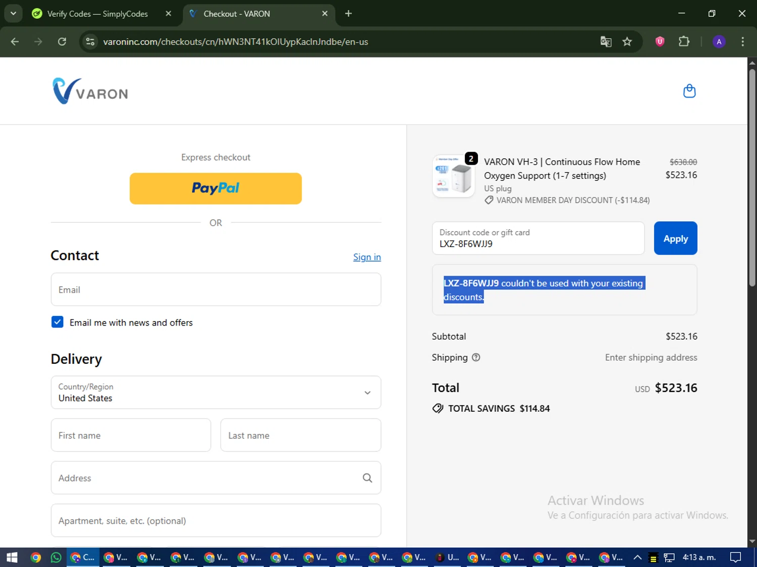 VARON coupon code screenshot showing code LXZ-8F6WJJ9 applied at VARON checkout page. Uploaded by SimplyCodes community member MagnificentWarden4603 on Sep 25, 2025