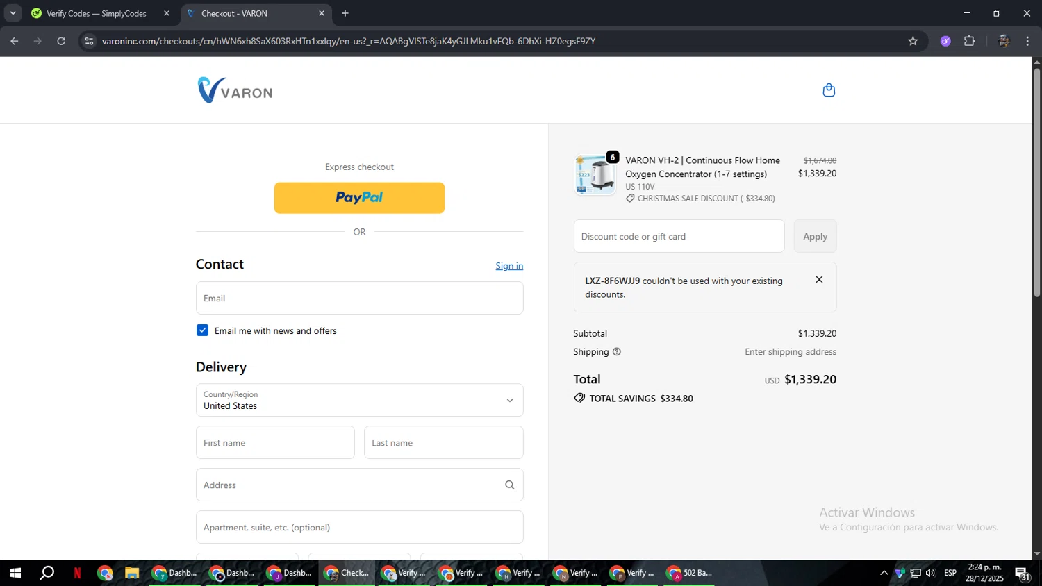 VARON coupon code screenshot showing code LXZ-8F6WJJ9 applied at VARON checkout page. Uploaded by SimplyCodes community member xxdddd on Dec 28, 2025