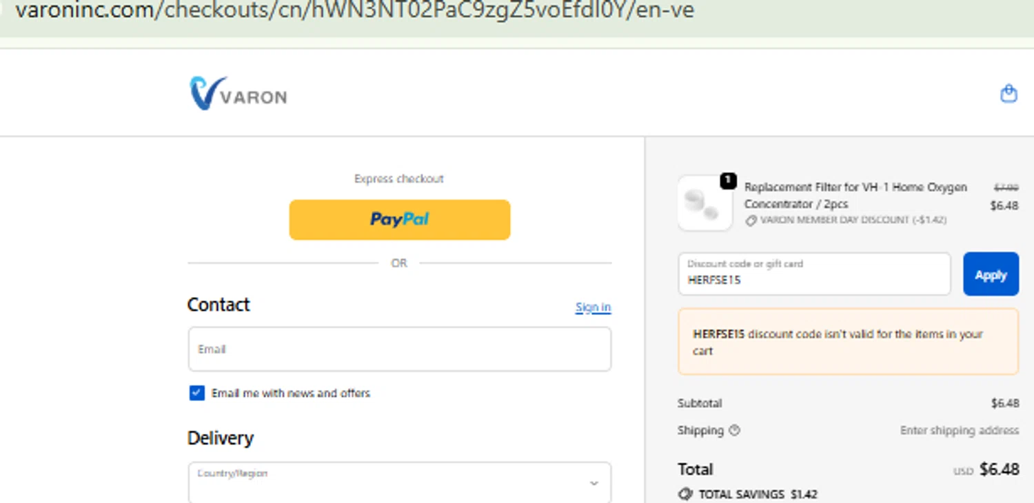 VARON coupon code screenshot showing code HERFSE15 applied at VARON checkout page. Uploaded by SimplyCodes community member CashMaestro9337 on Sep 25, 2025