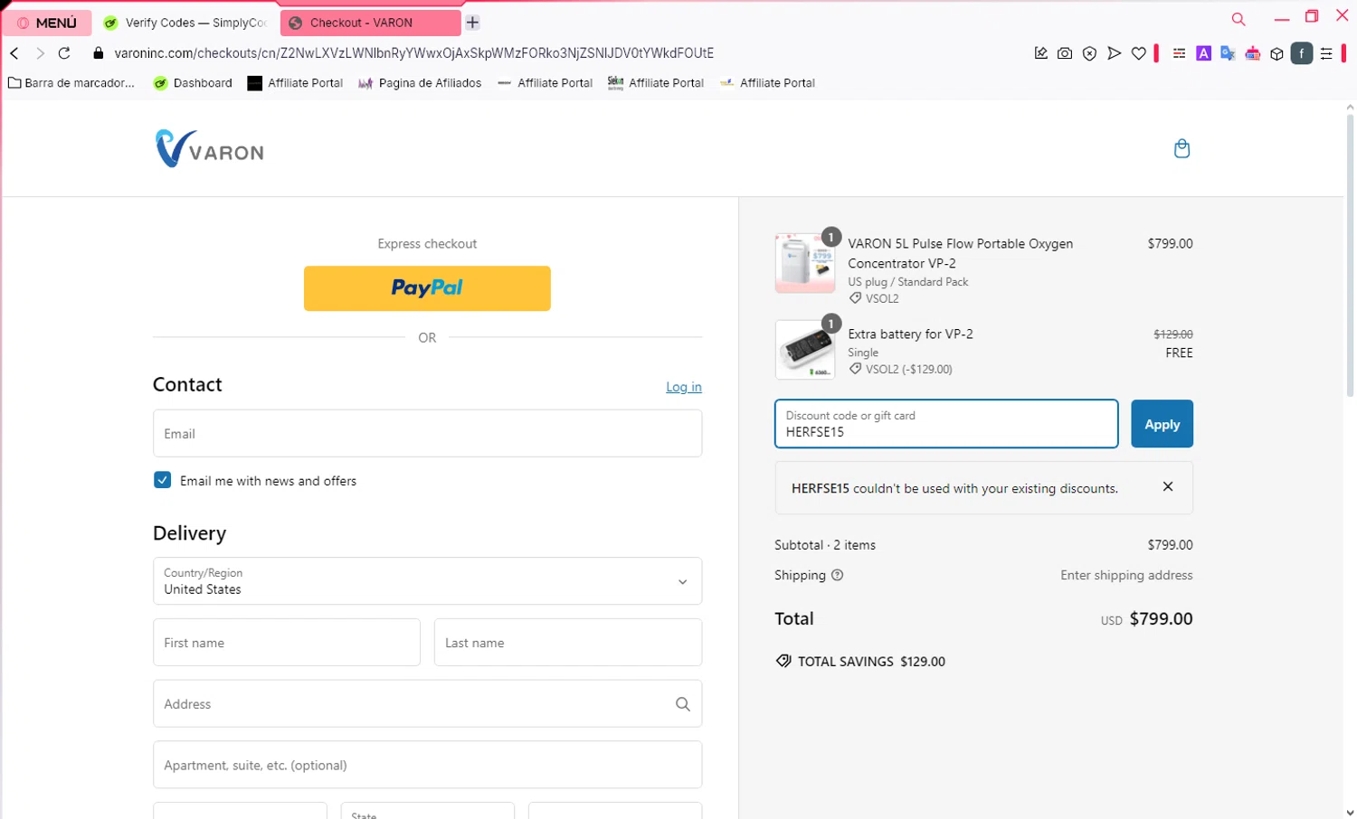VARON coupon code screenshot showing code HERFSE15 applied at VARON checkout page. Uploaded by SimplyCodes community member SmartElite7457 on Jan 30, 2025