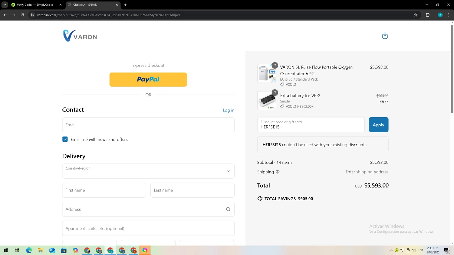 VARON coupon code screenshot showing code HERFSE15 applied at VARON checkout page. Uploaded by SimplyCodes community member Zxdqui on Mar 20, 2025