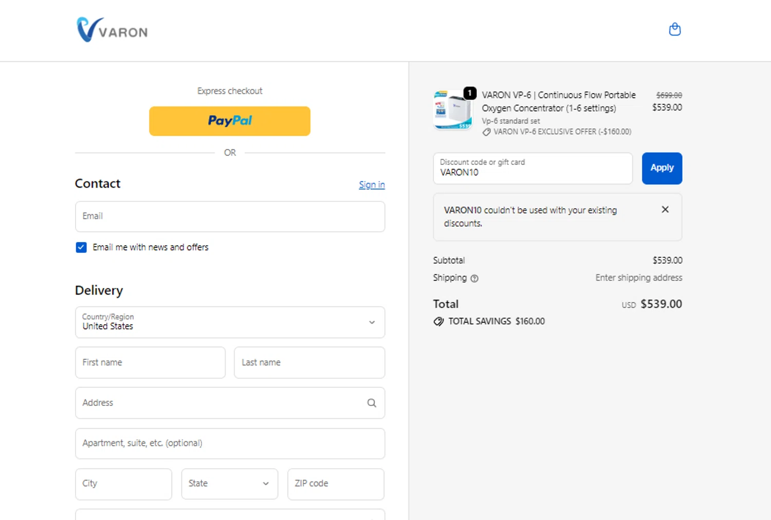 VARON coupon code screenshot showing code VARON10 applied at VARON checkout page. Uploaded by SimplyCodes community member DealSleuth3125 on Dec 11, 2025
