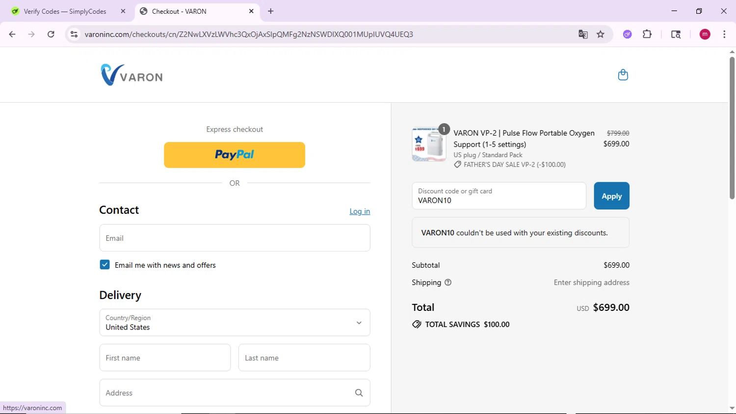 VARON coupon code screenshot showing code VARON10 applied at VARON checkout page. Uploaded by SimplyCodes community member PrimeSage7080 on Jul 8, 2025