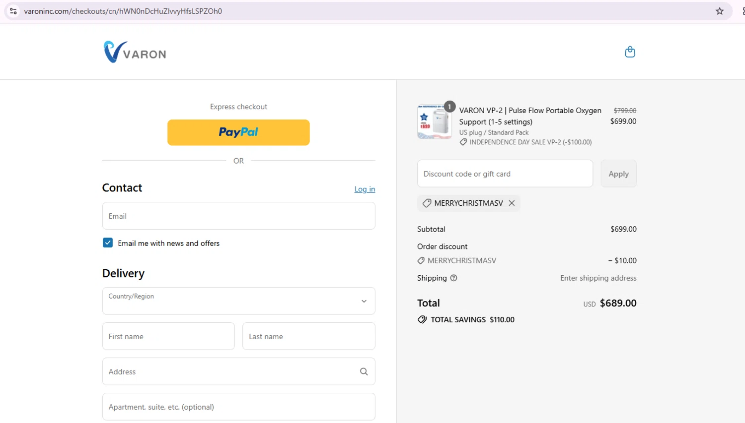 VARON coupon code screenshot showing code MERRYCHRISTMASV applied at VARON checkout page. Uploaded by SimplyCodes community member Samu10 on Jul 19, 2025