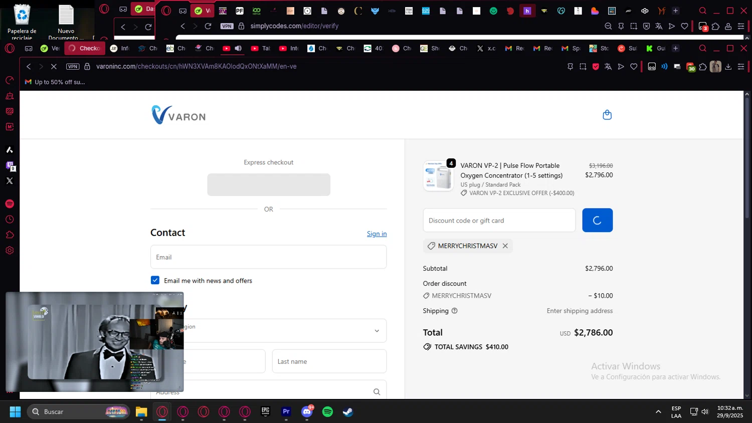 VARON coupon code screenshot showing code MERRYCHRISTMASV applied at VARON checkout page. Uploaded by SimplyCodes community member kurcovein on Sep 29, 2025
