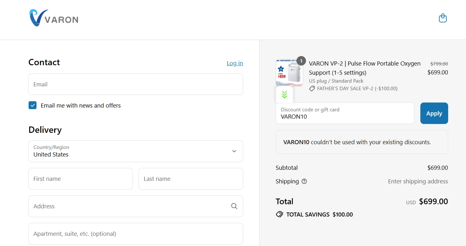 VARON coupon code screenshot showing code VARON10 applied at VARON checkout page. Uploaded by SimplyCodes community member antonietarodriguez96 on Jul 8, 2025