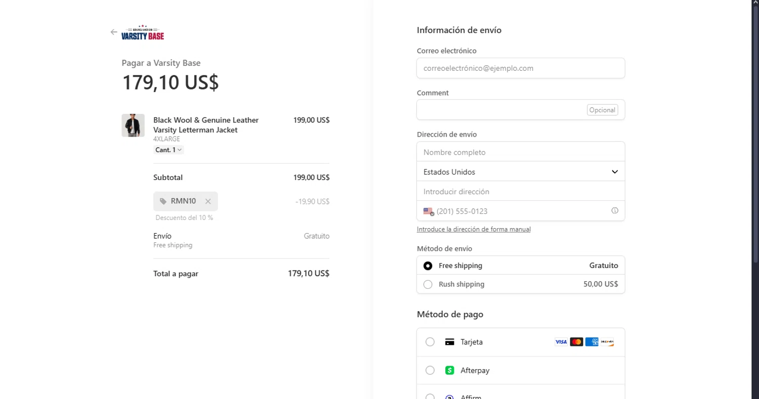 Varsity Base promo code screenshot showing code RMN10 applied at Varsity Base checkout page. Uploaded by SimplyCodes community member MoneyScout2554 on Jul 24, 2025