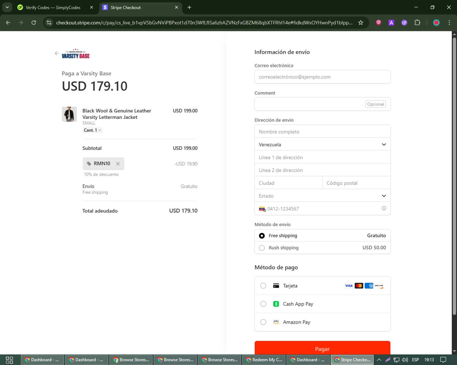 Varsity Base promo code screenshot showing code RMN10 applied at Varsity Base checkout page. Uploaded by SimplyCodes community member Robert_Williams on Jun 25, 2025