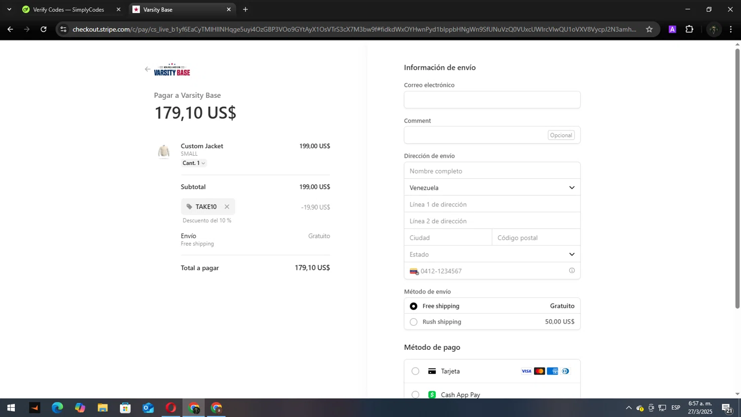 Varsity Base promo code screenshot showing code TAKE10 applied at Varsity Base checkout page. Uploaded by SimplyCodes community member Andy2323 on Mar 27, 2025