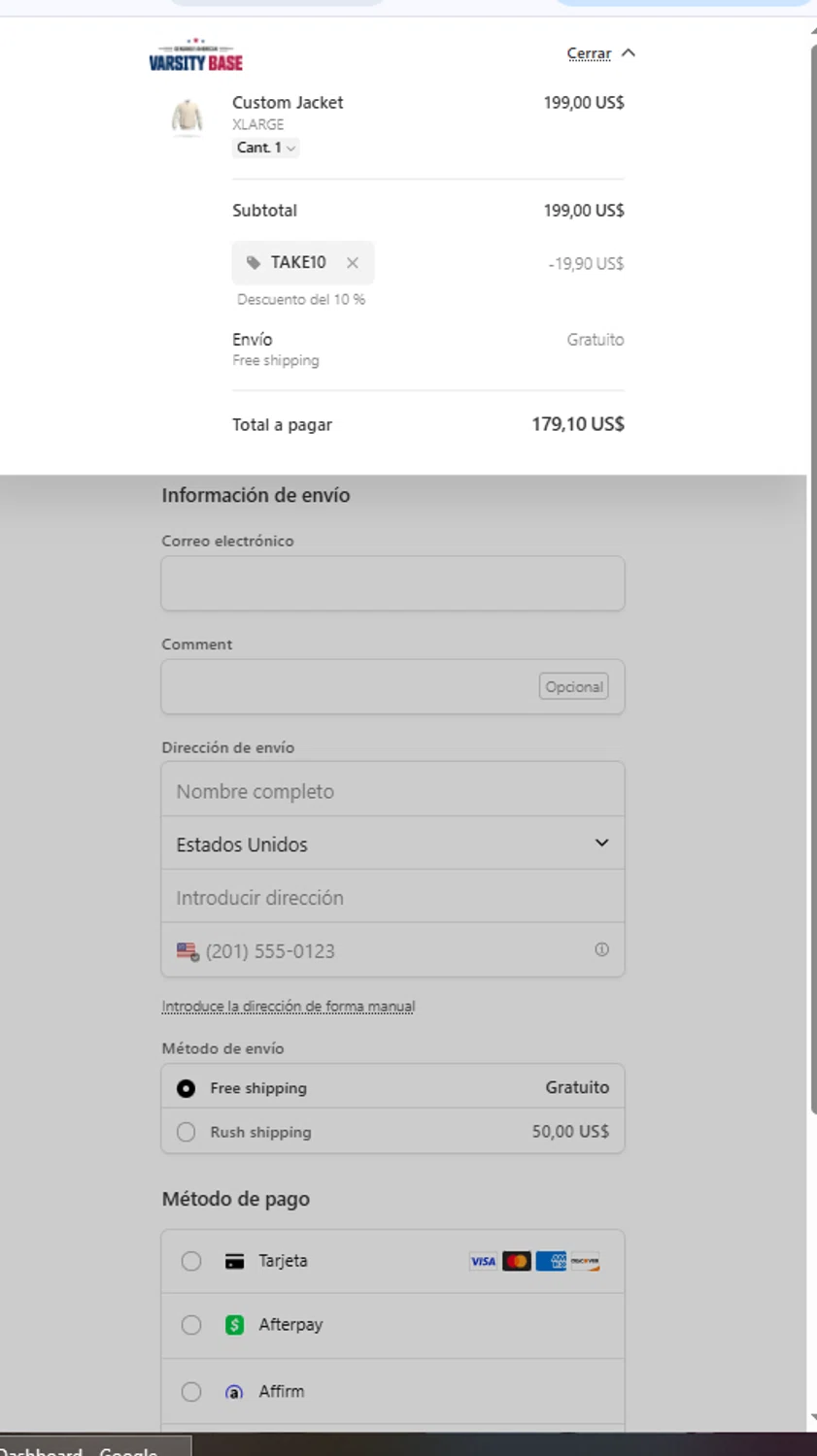 Varsity Base promo code screenshot showing code TAKE10 applied at Varsity Base checkout page. Uploaded by SimplyCodes community member OsbelSanchez23 on Apr 25, 2025