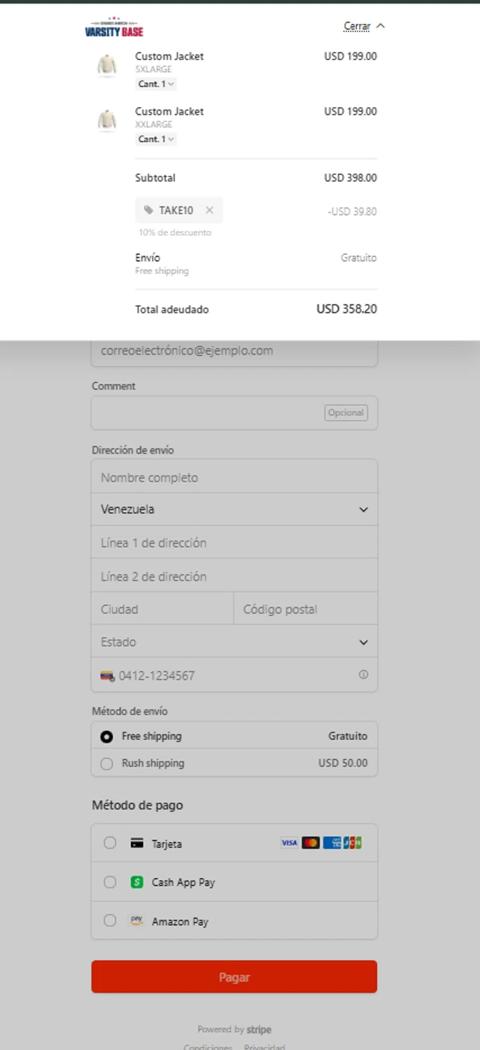 Varsity Base promo code screenshot showing code TAKE10 applied at Varsity Base checkout page. Uploaded by SimplyCodes community member alejandroadrianza on May 24, 2025