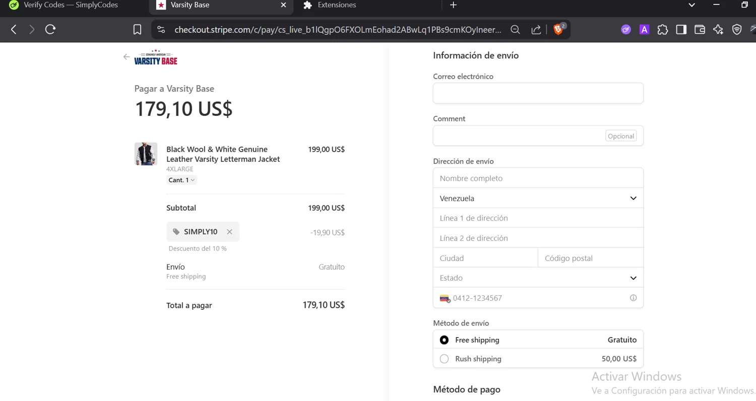 Varsity Base promo code screenshot showing code SIMPLY10 applied at Varsity Base checkout page. Uploaded by SimplyCodes community member RoyalCurator8293 on May 10, 2025