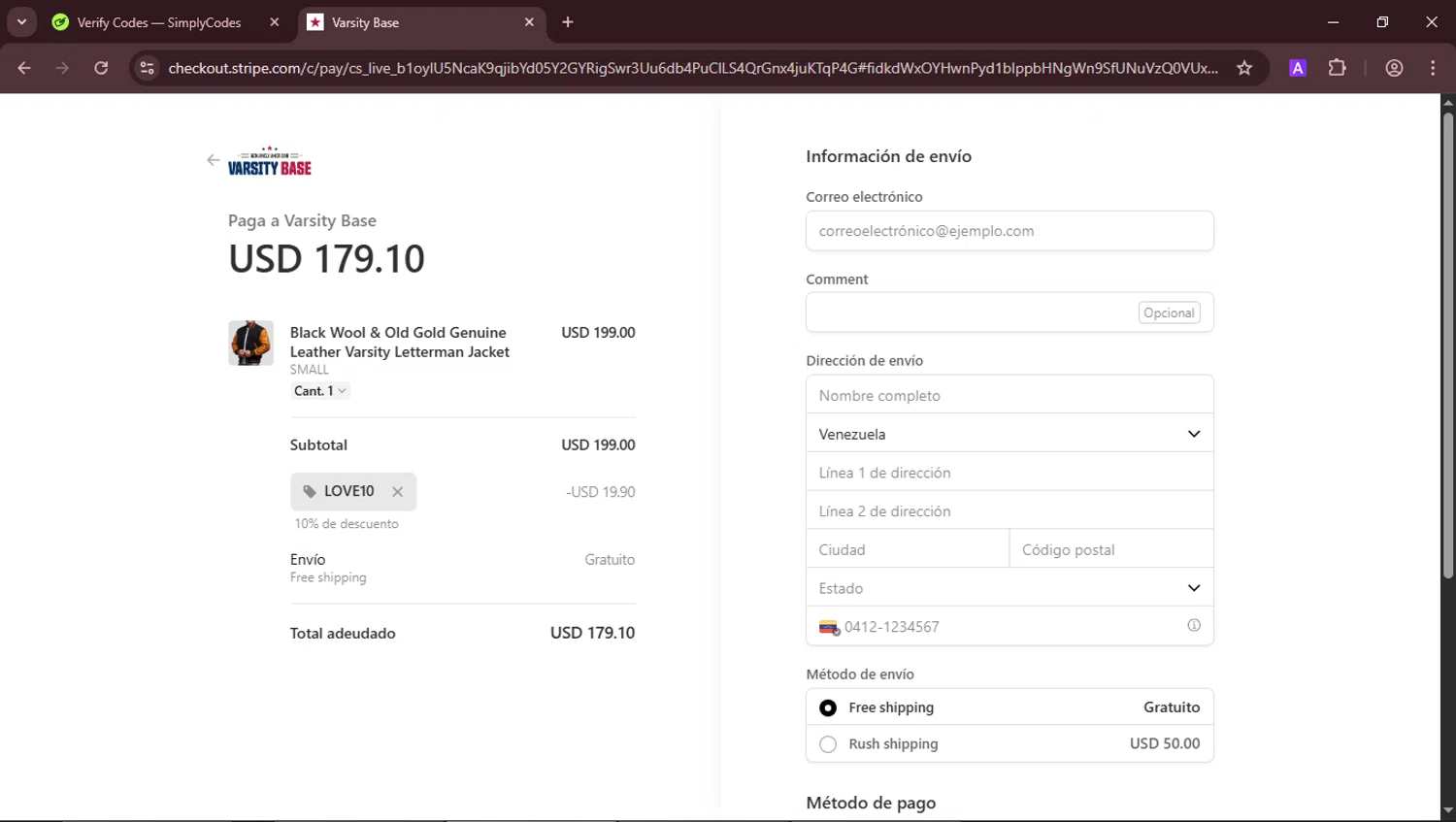 Varsity Base promo code screenshot showing code LOVE10 applied at Varsity Base checkout page. Uploaded by SimplyCodes community member RoyalLegend4835 on Jun 30, 2025