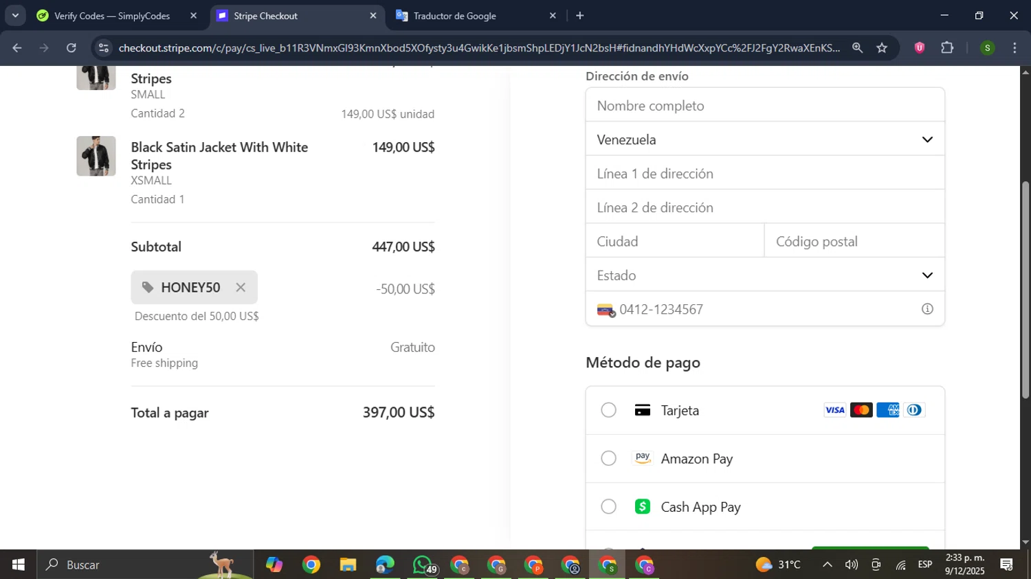 Varsity Base promo code screenshot showing code HONEY50 applied at Varsity Base checkout page. Uploaded by SimplyCodes community member RewardMaverick445 on Dec 9, 2025