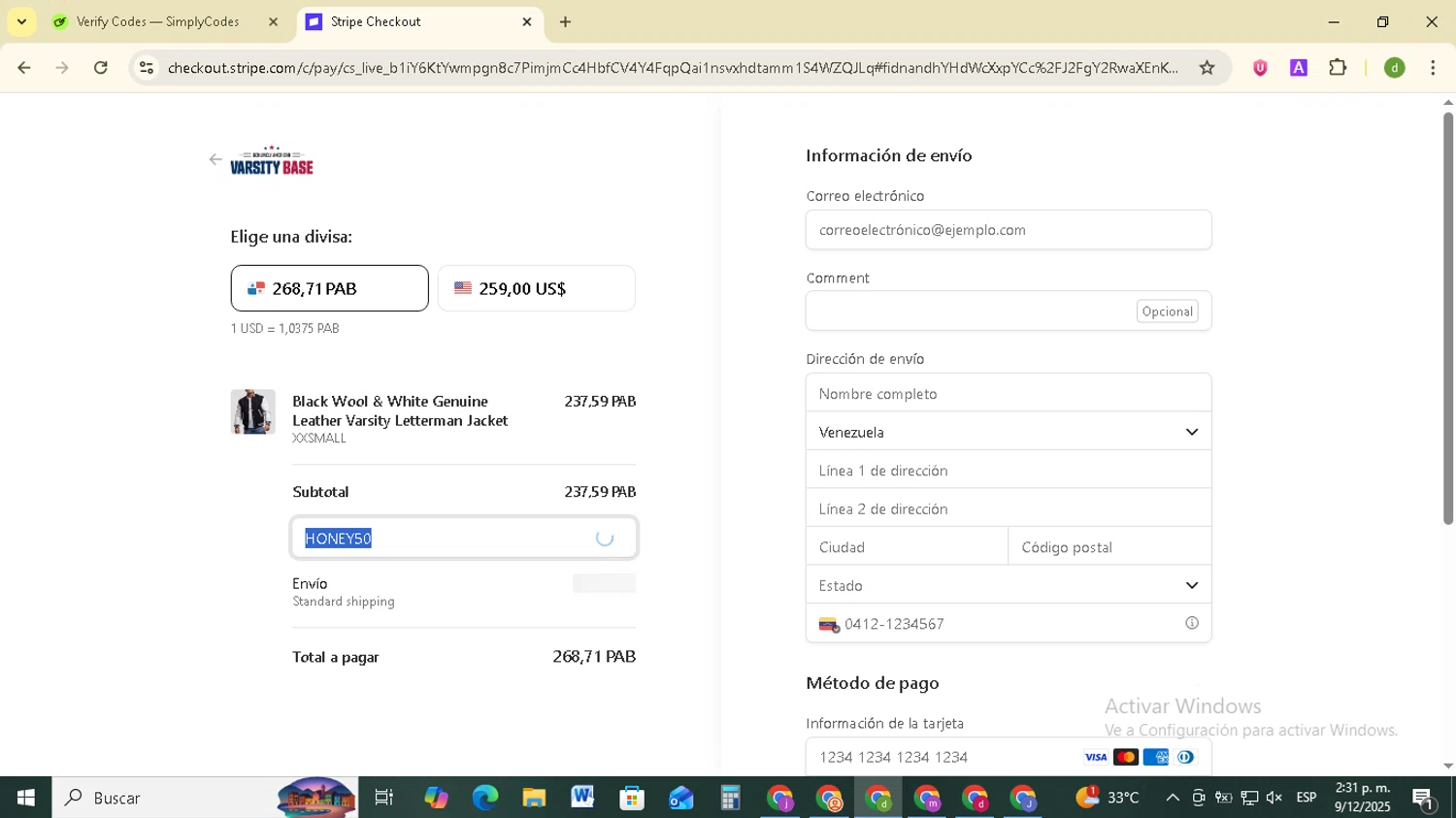 Varsity Base promo code screenshot showing code HONEY50 applied at Varsity Base checkout page. Uploaded by SimplyCodes community member SavingsSentinel833 on Dec 9, 2025