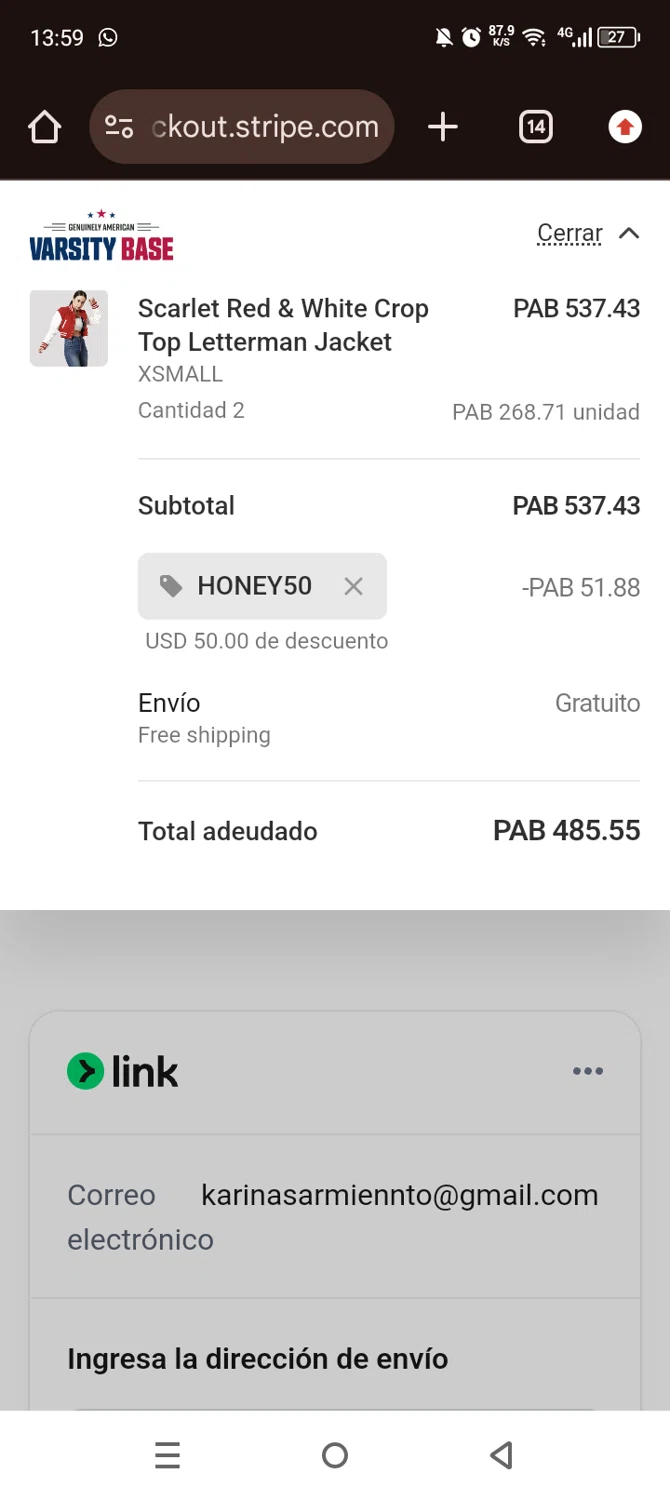 Varsity Base promo code screenshot showing code HONEY50 applied at Varsity Base checkout page. Uploaded by SimplyCodes community member Olivatle on Dec 9, 2025