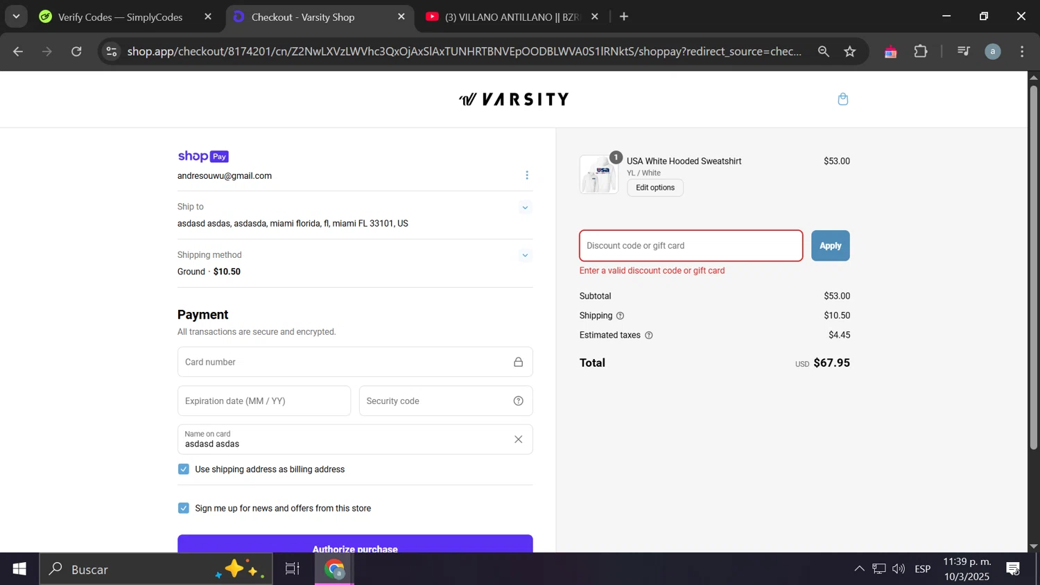 Varsity.com promo code screenshot showing code CAMPSURVEY applied at Varsity.com checkout page. Uploaded by SimplyCodes community member Frizk_1 on Mar 11, 2025