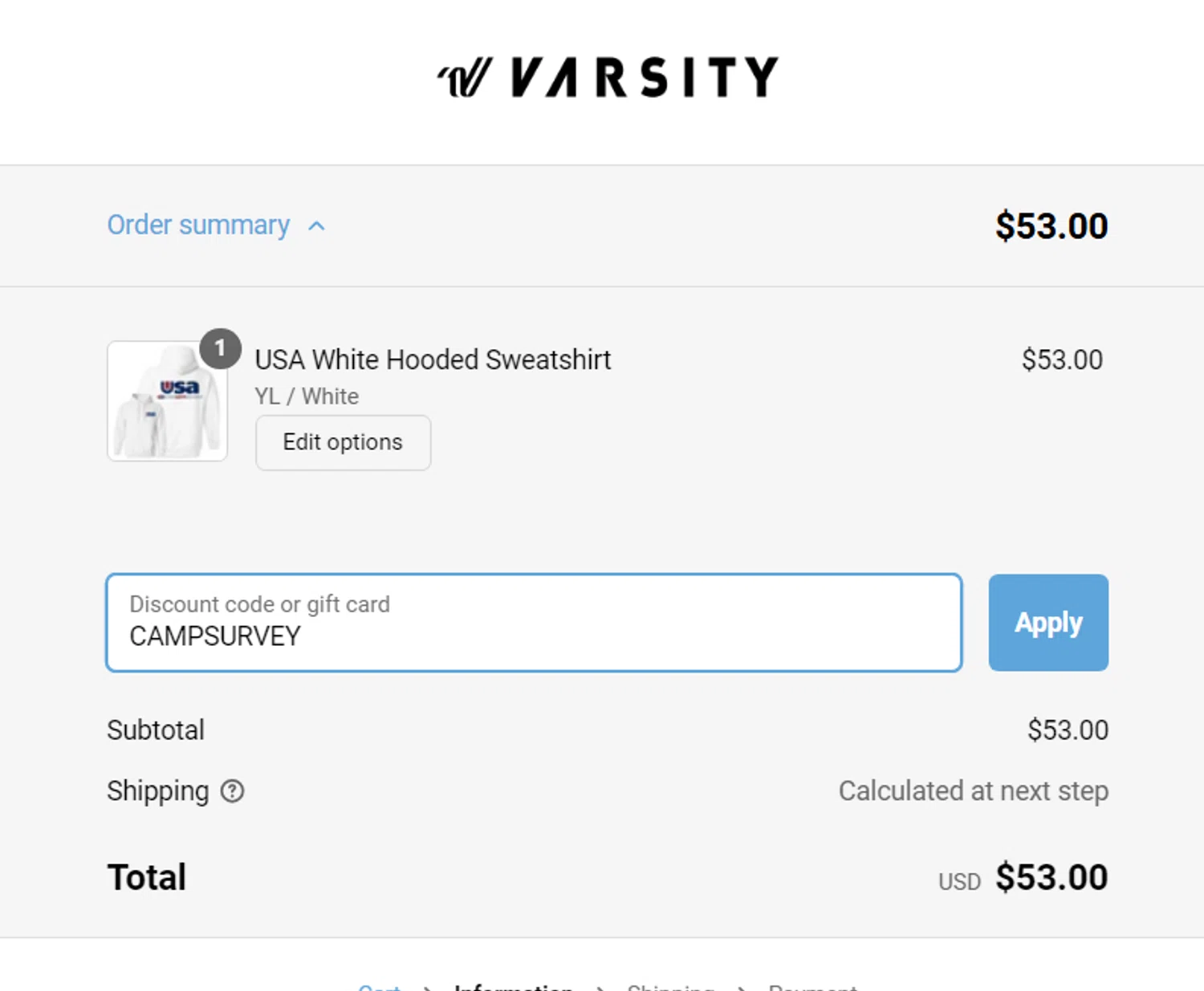 Varsity.com promo code screenshot showing code CAMPSURVEY applied at Varsity.com checkout page. Uploaded by SimplyCodes community member NinjaShoyo on Feb 7, 2025