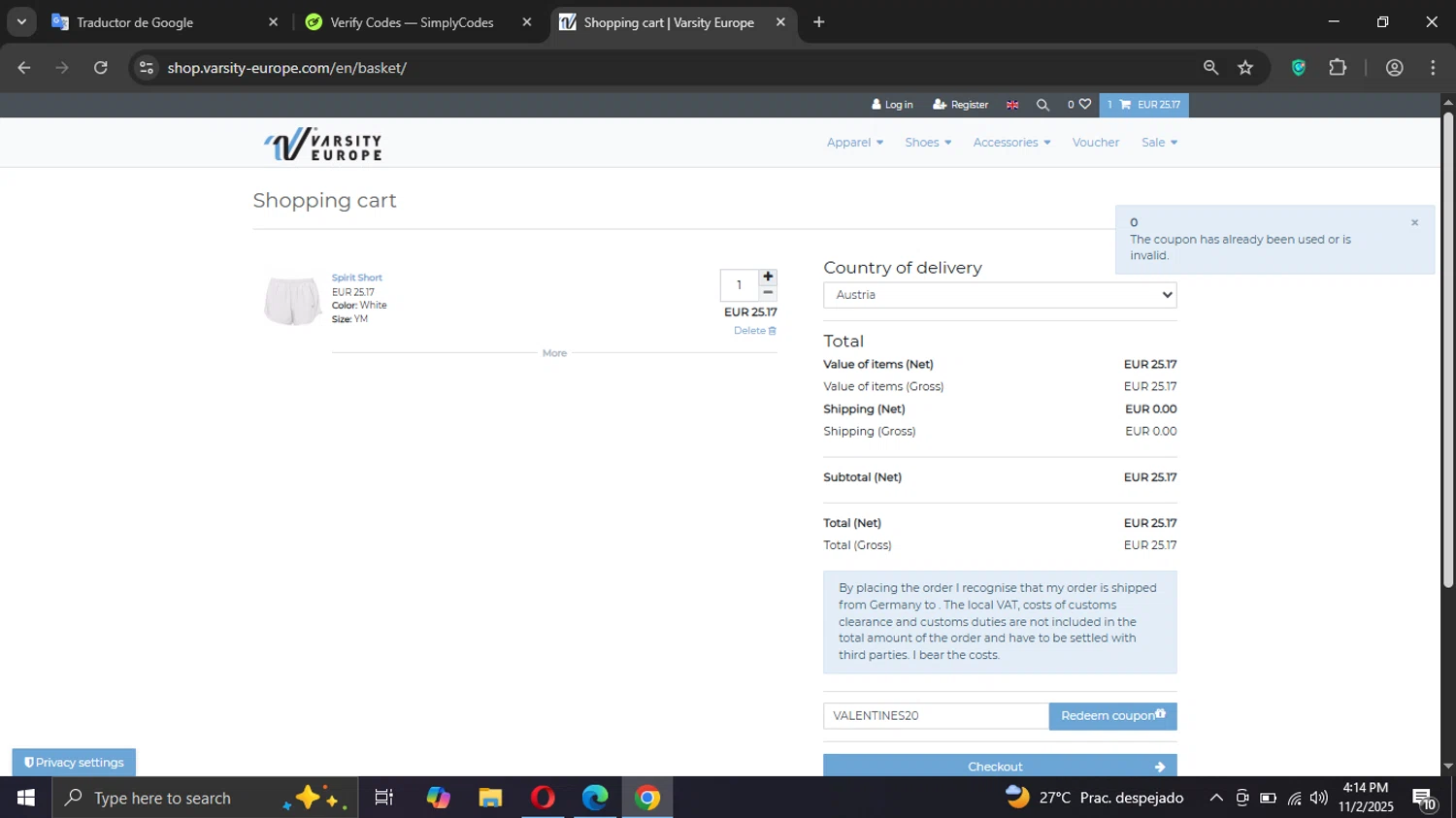 Varsity.com promo code screenshot showing code VALENTINES20 applied at Varsity.com checkout page. Uploaded by SimplyCodes community member Sargentofrost on Nov 2, 2025