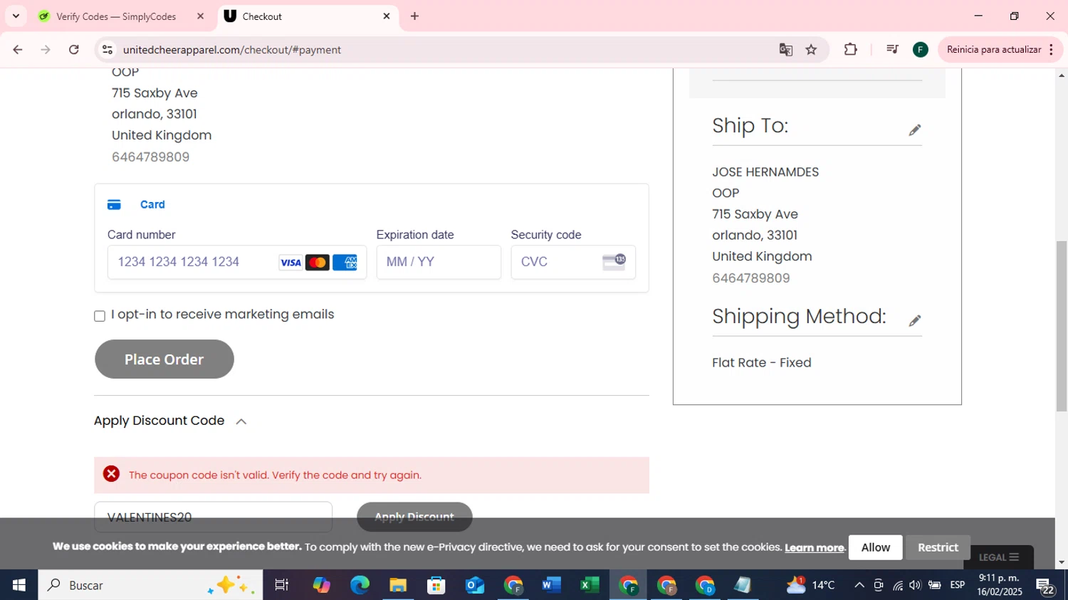 Varsity.com checkout page showing Varsity.com promo code box | Screenshot taken by SimplyCodes community member on Feb 17, 2025