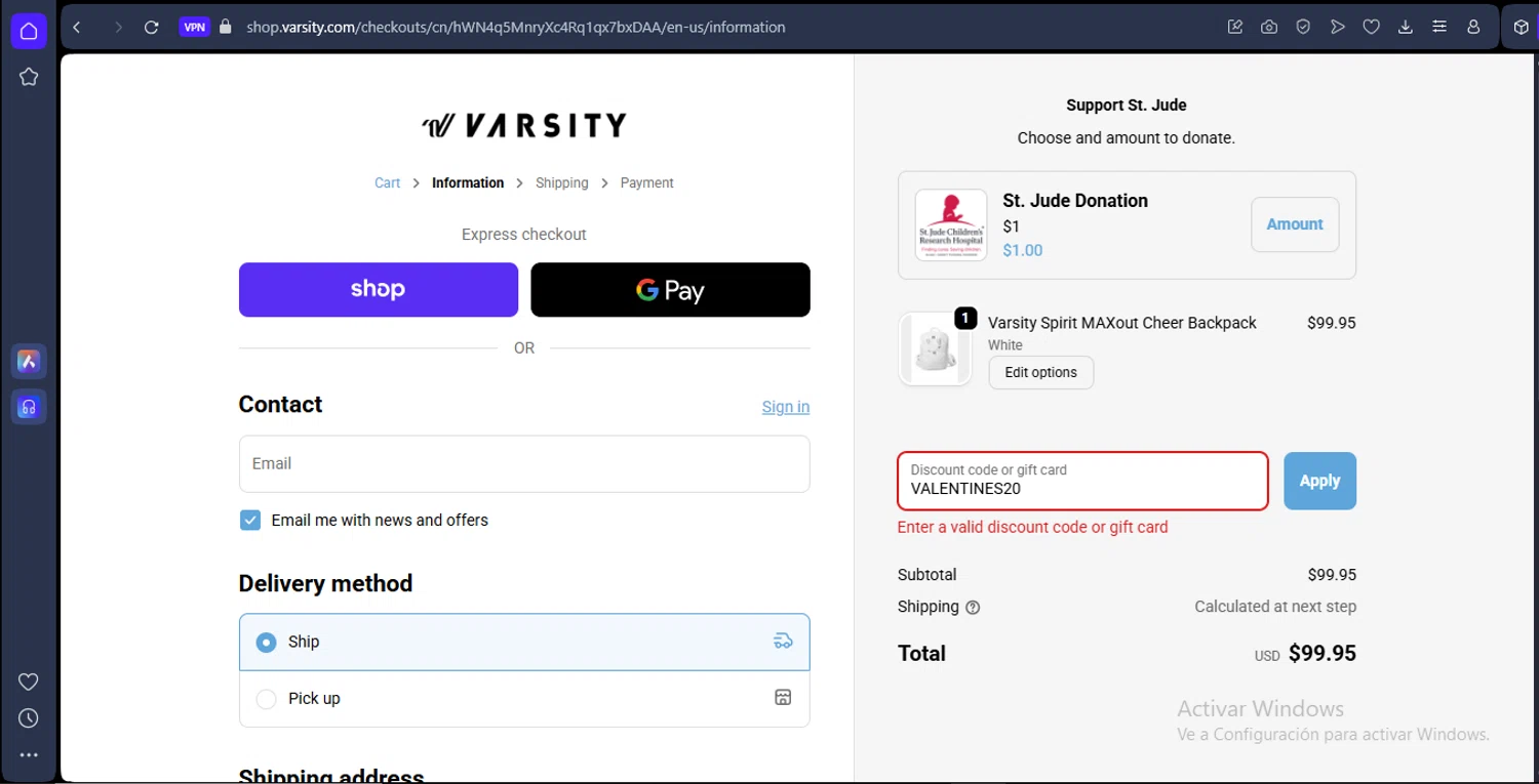 Varsity.com promo code screenshot showing code VALENTINES20 applied at Varsity.com checkout page. Uploaded by SimplyCodes community member SilverKnight4465 on Nov 2, 2025