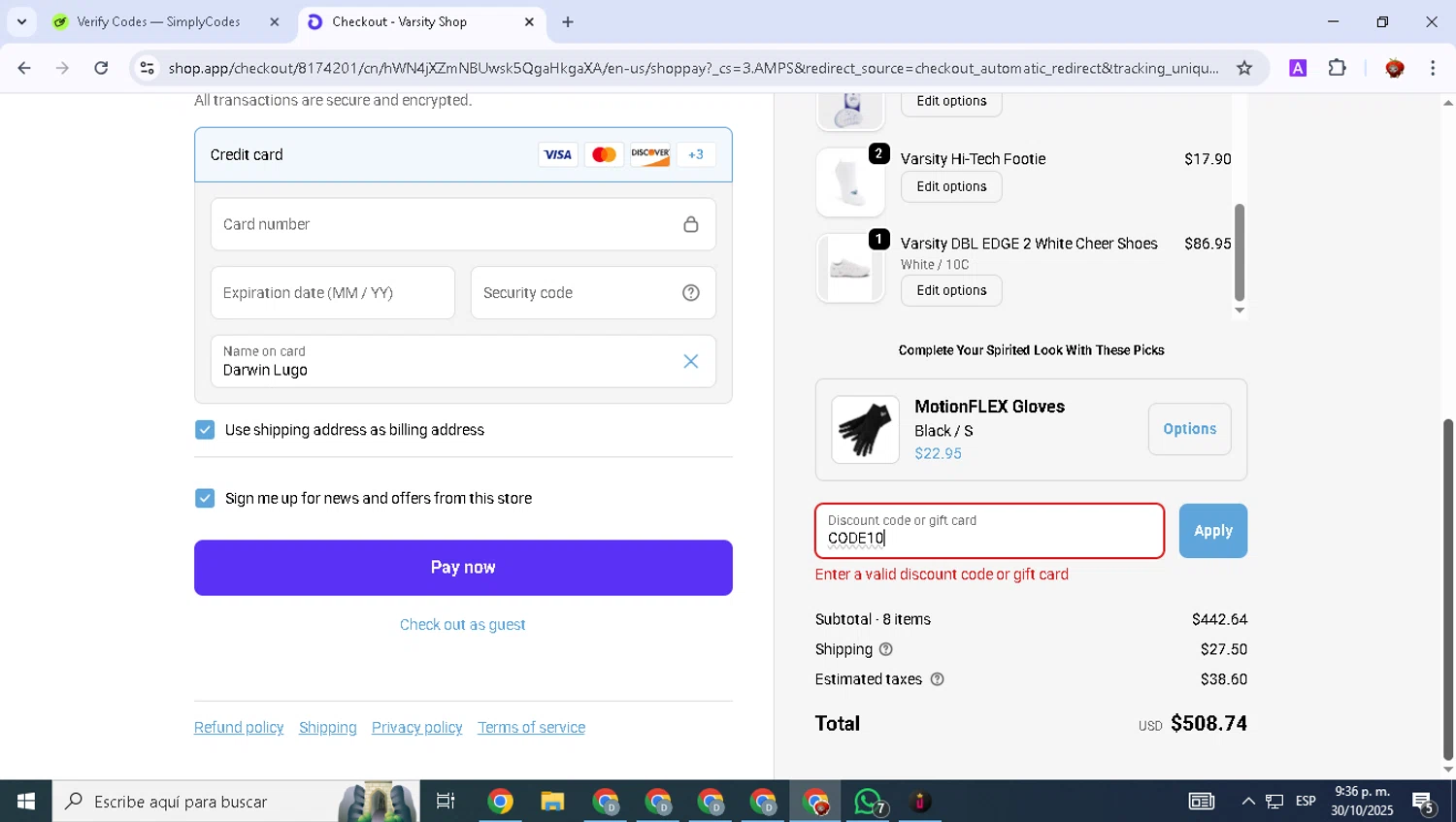 Varsity.com promo code screenshot showing code CODE10 applied at Varsity.com checkout page. Uploaded by SimplyCodes community member BonusVoyager7570 on Oct 31, 2025