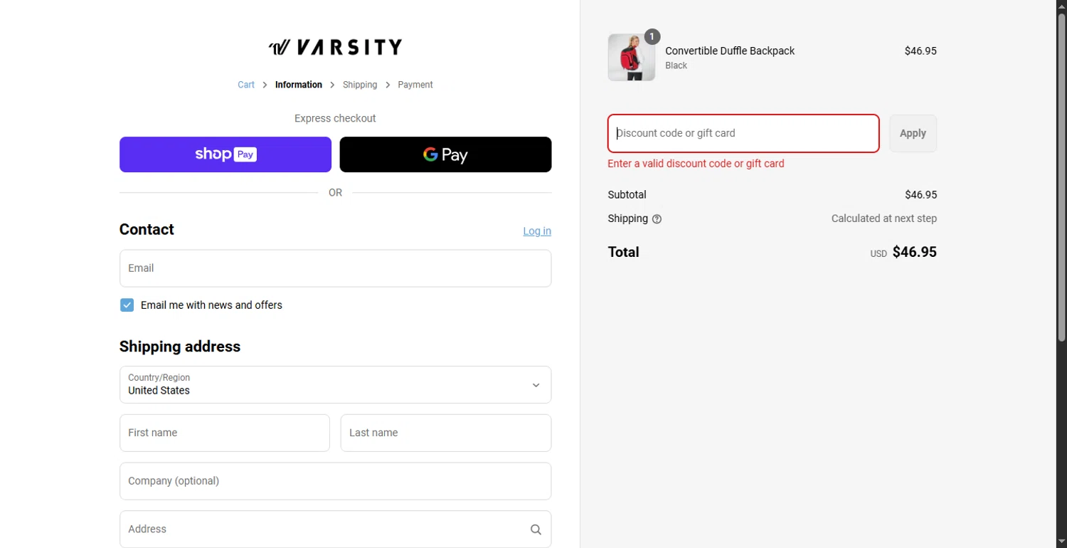 Varsity.com promo code screenshot showing code CODE10 applied at Varsity.com checkout page. Uploaded by SimplyCodes community member RewardLion6202 on May 17, 2025