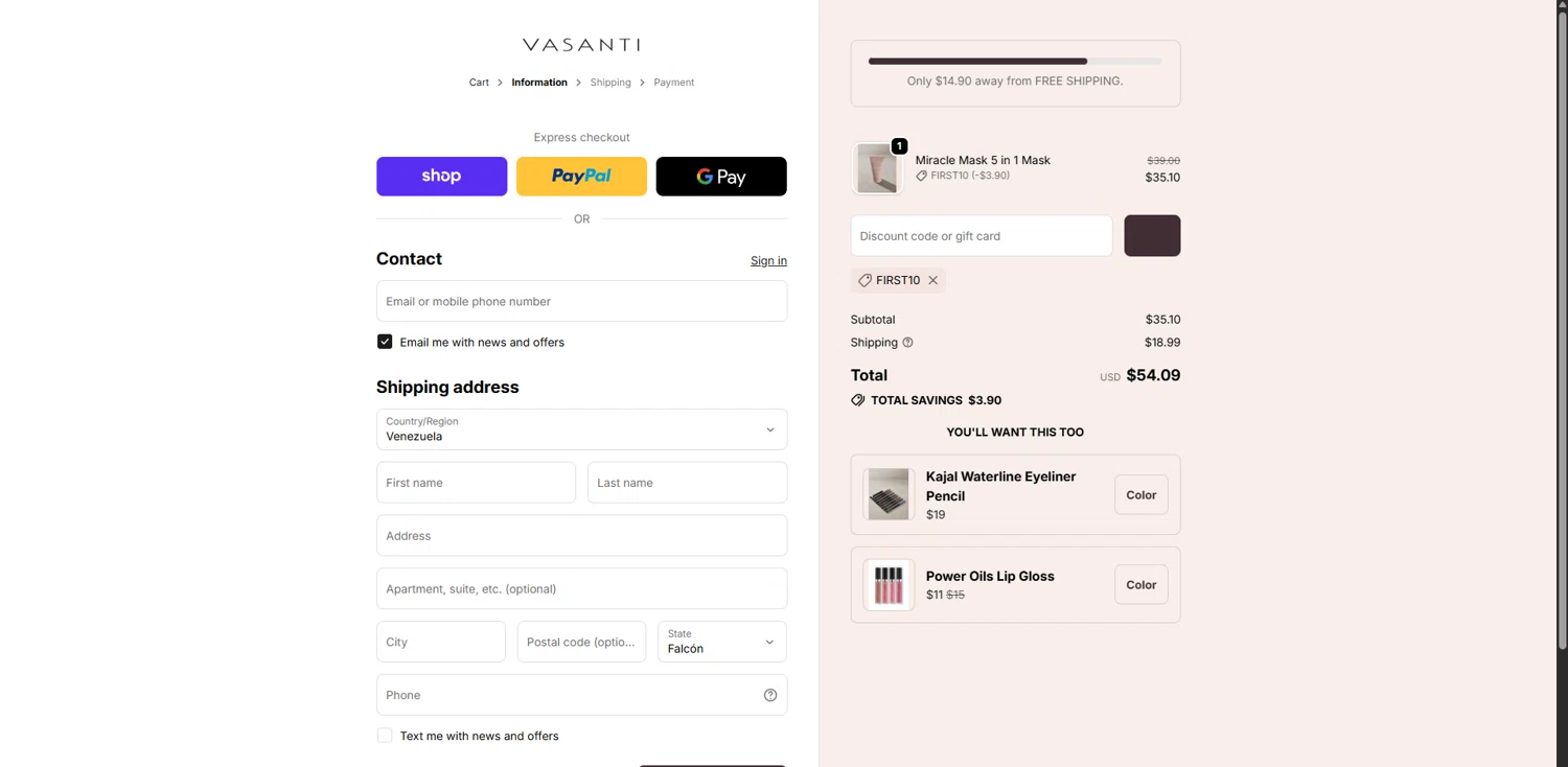Vasanti Cosmetics promo code screenshot showing code First10 applied at Vasanti Cosmetics checkout page. Uploaded by SimplyCodes community member FortunateSeeker4672 on Dec 17, 2025